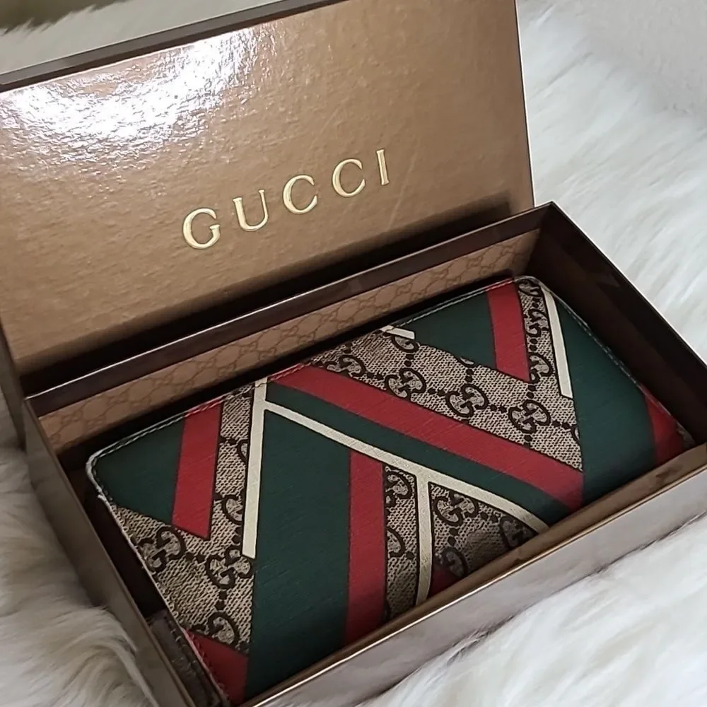 💯Authentic Gucci Round Zip Long Wallet GG Chevron Beige Green Red🍀 - Picture 14 of 16
